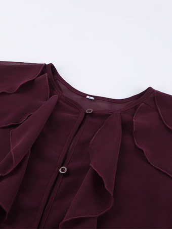 フリルシフォンブラウス レディース シックなシースルートップ - ワインレッド レトロ ヴィクトリアン カスケード フレアスリーブ - スプリングパーティクラブ 2026