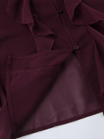 フリルシフォンブラウス レディース シックなシースルートップ - ワインレッド レトロ ヴィクトリアン カスケード フレアスリーブ - スプリングパーティクラブ 2026