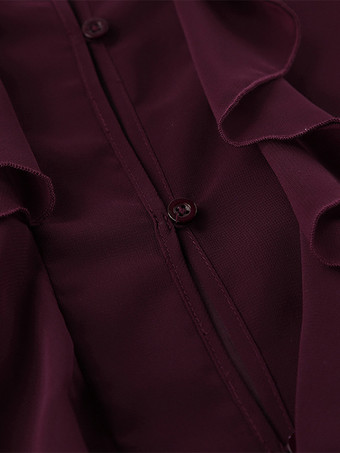 フリルシフォンブラウス レディース シックなシースルートップ - ワインレッド レトロ ヴィクトリアン カスケード フレアスリーブ - スプリングパーティクラブ 2026