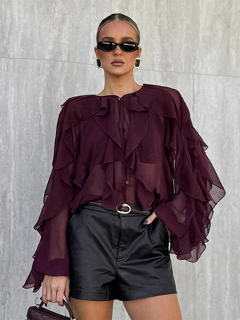 ワインレッド フリルシフォンブラウス レディース シックなシースルートップ - ワインレッド レトロ ヴィクトリアン カスケード フレアスリーブ - スプリングパーティクラブ 2026