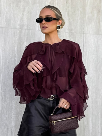 フリルシフォンブラウス レディース シックなシースルートップ - ワインレッド レトロ ヴィクトリアン カスケード フレアスリーブ - スプリングパーティクラブ 2026
