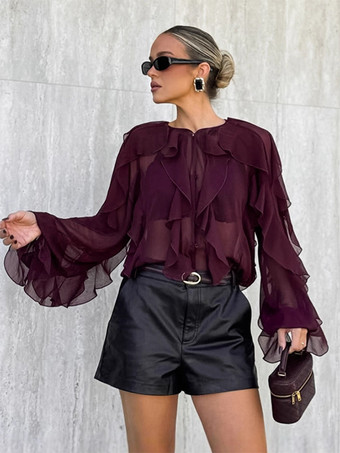 フリルシフォンブラウス レディース シックなシースルートップ - ワインレッド レトロ ヴィクトリアン カスケード フレアスリーブ - スプリングパーティクラブ 2026