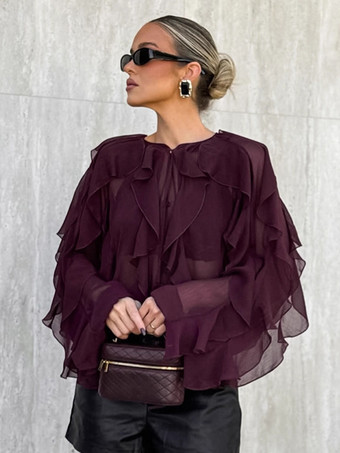フリルシフォンブラウス レディース シックなシースルートップ - ワインレッド レトロ ヴィクトリアン カスケード フレアスリーブ - スプリングパーティクラブ 2026