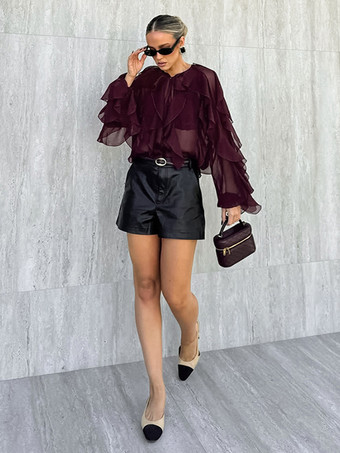 フリルシフォンブラウス レディース シックなシースルートップ - ワインレッド レトロ ヴィクトリアン カスケード フレアスリーブ - スプリングパーティクラブ 2026