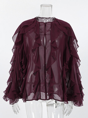フリルシフォンブラウス レディース シックなシースルートップ - ワインレッド レトロ ヴィクトリアン カスケード フレアスリーブ - スプリングパーティクラブ 2026