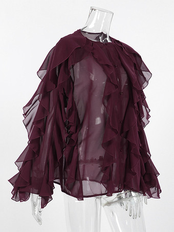フリルシフォンブラウス レディース シックなシースルートップ - ワインレッド レトロ ヴィクトリアン カスケード フレアスリーブ - スプリングパーティクラブ 2026