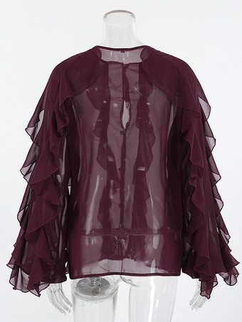 フリルシフォンブラウス レディース シックなシースルートップ - ワインレッド レトロ ヴィクトリアン カスケード フレアスリーブ - スプリングパーティクラブ 2026