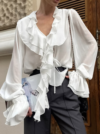 ホワイト レディース用フリルシフォンブラウス - バーガンディ エレガントなタイフロントフレア長袖トップス - 春のオフィスからディナーまで 2026