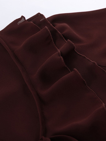 レディース用フリルシフォンブラウス - バーガンディ エレガントなタイフロントフレア長袖トップス - 春のオフィスからディナーまで 2026