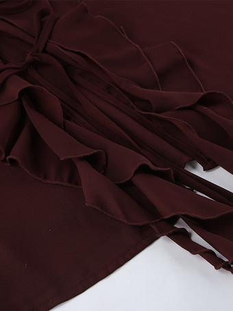 レディース用フリルシフォンブラウス - バーガンディ エレガントなタイフロントフレア長袖トップス - 春のオフィスからディナーまで 2026