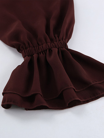 レディース用フリルシフォンブラウス - バーガンディ エレガントなタイフロントフレア長袖トップス - 春のオフィスからディナーまで 2026
