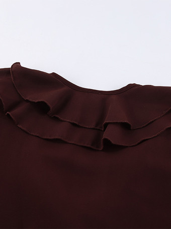 レディース用フリルシフォンブラウス - バーガンディ エレガントなタイフロントフレア長袖トップス - 春のオフィスからディナーまで 2026