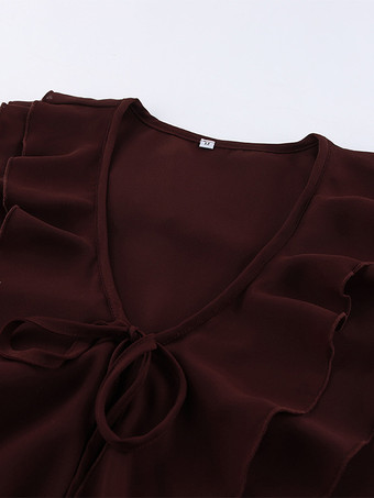 レディース用フリルシフォンブラウス - バーガンディ エレガントなタイフロントフレア長袖トップス - 春のオフィスからディナーまで 2026