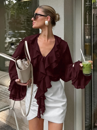 レディース用フリルシフォンブラウス - バーガンディ エレガントなタイフロントフレア長袖トップス - 春のオフィスからディナーまで 2026