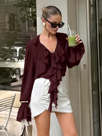 レディース用フリルシフォンブラウス - バーガンディ エレガントなタイフロントフレア長袖トップス - 春のオフィスからディナーまで 2026