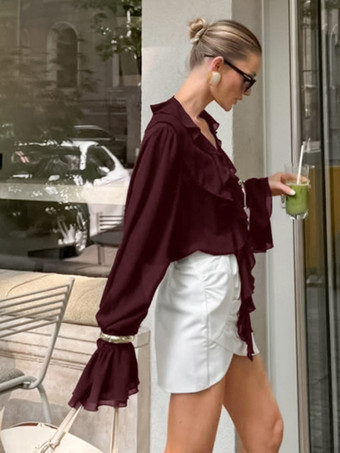 レディース用フリルシフォンブラウス - バーガンディ エレガントなタイフロントフレア長袖トップス - 春のオフィスからディナーまで 2026