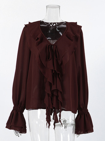 レディース用フリルシフォンブラウス - バーガンディ エレガントなタイフロントフレア長袖トップス - 春のオフィスからディナーまで 2026
