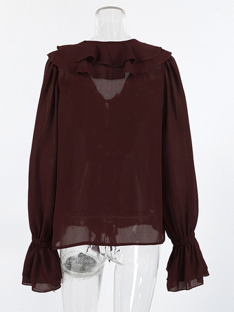 レディース用フリルシフォンブラウス - バーガンディ エレガントなタイフロントフレア長袖トップス - 春のオフィスからディナーまで 2026