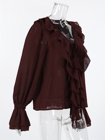 レディース用フリルシフォンブラウス - バーガンディ エレガントなタイフロントフレア長袖トップス - 春のオフィスからディナーまで 2026