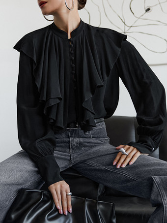 ヴィンテージ風フリルブラウス（レディース） - ブラック、エレガントなボタンアップ、ビクトリア調長袖トップス - 春のオフィスからディナーまで対応 2026