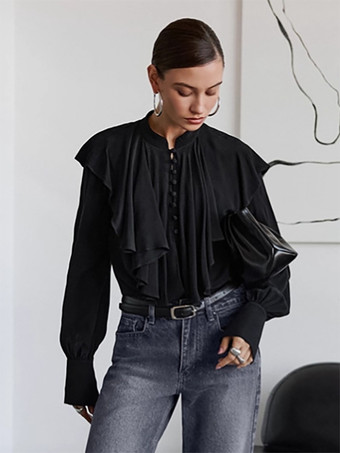 ヴィンテージ風フリルブラウス（レディース） - ブラック、エレガントなボタンアップ、ビクトリア調長袖トップス - 春のオフィスからディナーまで対応 2026