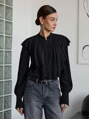 ブラック ヴィンテージ風フリルブラウス（レディース） - ブラック、エレガントなボタンアップ、ビクトリア調長袖トップス - 春のオフィスからディナーまで対応 2026