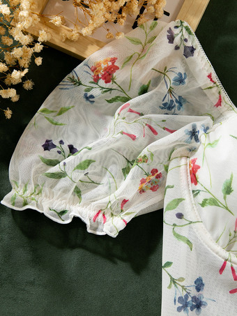 コルセット ホワイトフラワー 花柄プリント 半袖 デイリーカジュアルランジェリー