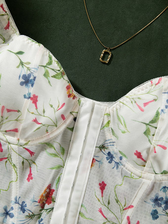 コルセット ホワイトフラワー 花柄プリント 半袖 デイリーカジュアルランジェリー