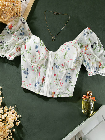 コルセット ホワイトフラワー 花柄プリント 半袖 デイリーカジュアルランジェリー