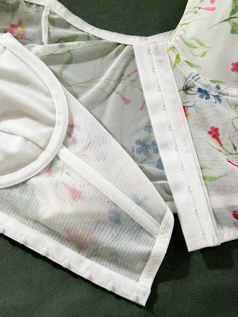 コルセット ホワイトフラワー 花柄プリント 半袖 デイリーカジュアルランジェリー