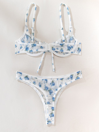 ブライダルランジェリー 花柄プリント カップなし リボン付き ホワイト ブラジャー＆ショーツ 2点セット