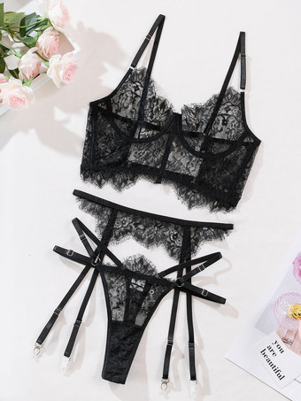 レースランジェリー　レースアップ　ブラックブラジャー＆ショーツ　3点セット