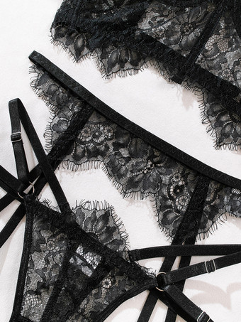 レースランジェリー　レースアップ　ブラックブラジャー＆ショーツ　3点セット