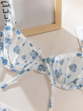 ブライダルランジェリー 花柄プリント カップなし リボン付き ホワイト ブラジャー＆ショーツ 2点セット