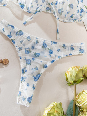 ブライダルランジェリー 花柄プリント カップなし リボン付き ホワイト ブラジャー＆ショーツ 2点セット