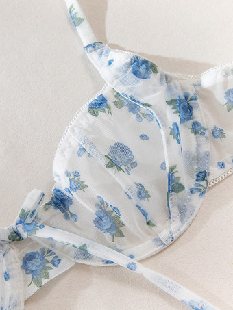 ブライダルランジェリー 花柄プリント カップなし リボン付き ホワイト ブラジャー＆ショーツ 2点セット