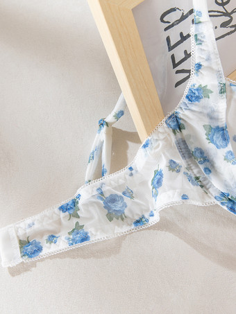 ブライダルランジェリー 花柄プリント カップなし リボン付き ホワイト ブラジャー＆ショーツ 2点セット