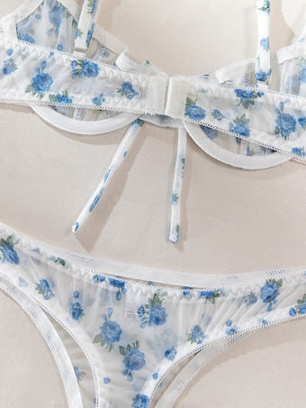 ブライダルランジェリー 花柄プリント カップなし リボン付き ホワイト ブラジャー＆ショーツ 2点セット