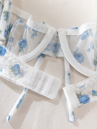 ブライダルランジェリー 花柄プリント カップなし リボン付き ホワイト ブラジャー＆ショーツ 2点セット