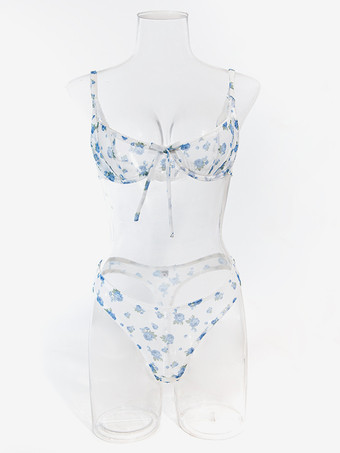 ブライダルランジェリー 花柄プリント カップなし リボン付き ホワイト ブラジャー＆ショーツ 2点セット