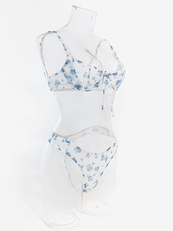 ブライダルランジェリー 花柄プリント カップなし リボン付き ホワイト ブラジャー＆ショーツ 2点セット