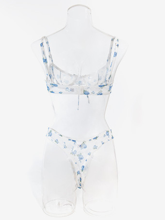 ブライダルランジェリー 花柄プリント カップなし リボン付き ホワイト ブラジャー＆ショーツ 2点セット