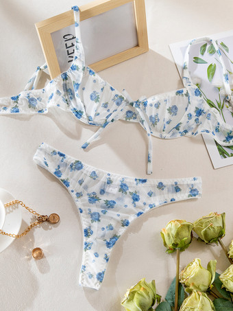 ブライダルランジェリー 花柄プリント カップなし リボン付き ホワイト ブラジャー＆ショーツ 2点セット