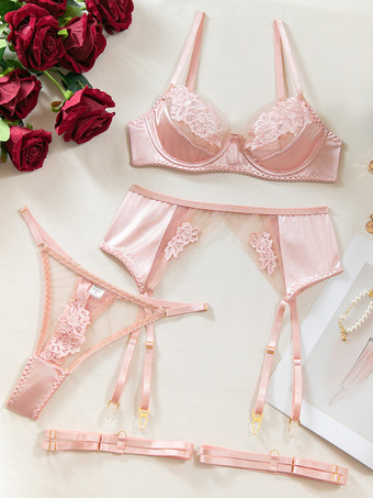 ブライダルランジェリー 花柄プリント シースルーネット ソフトピンク ブラジャー＆ショーツ 4点セット