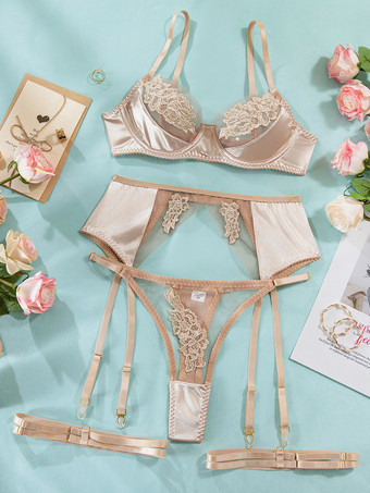 肌色ブライダルランジェリー 花柄プリント シースルーネット ソフトピンク ブラジャー＆ショーツ 4点セット