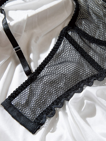 ブライダルランジェリー ネットアートワーク フリル付き ブラック 2ピース ブラジャー＆ショーツセット