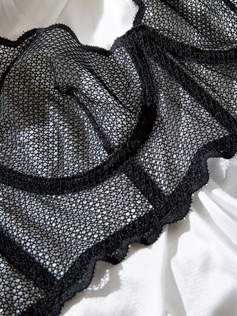 ブライダルランジェリー ネットアートワーク フリル付き ブラック 2ピース ブラジャー＆ショーツセット
