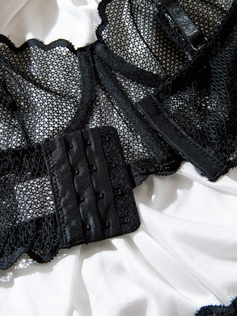 ブライダルランジェリー ネットアートワーク フリル付き ブラック 2ピース ブラジャー＆ショーツセット