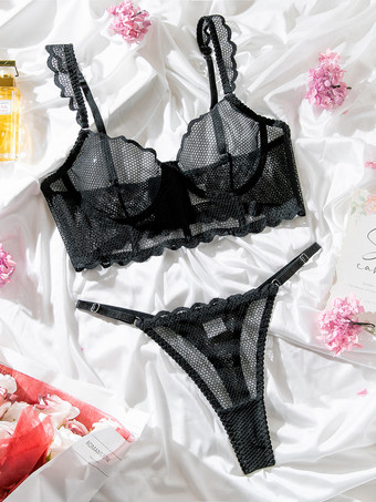 ブライダルランジェリー ネットアートワーク フリル付き ブラック 2ピース ブラジャー＆ショーツセット