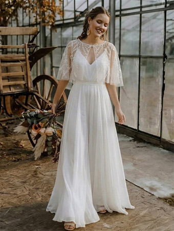 ツーピース ブライダルジャンプスーツ シフォン素材 デザインネックライン Aライン ティーレングス ジッパー付き ハーフスリーブ